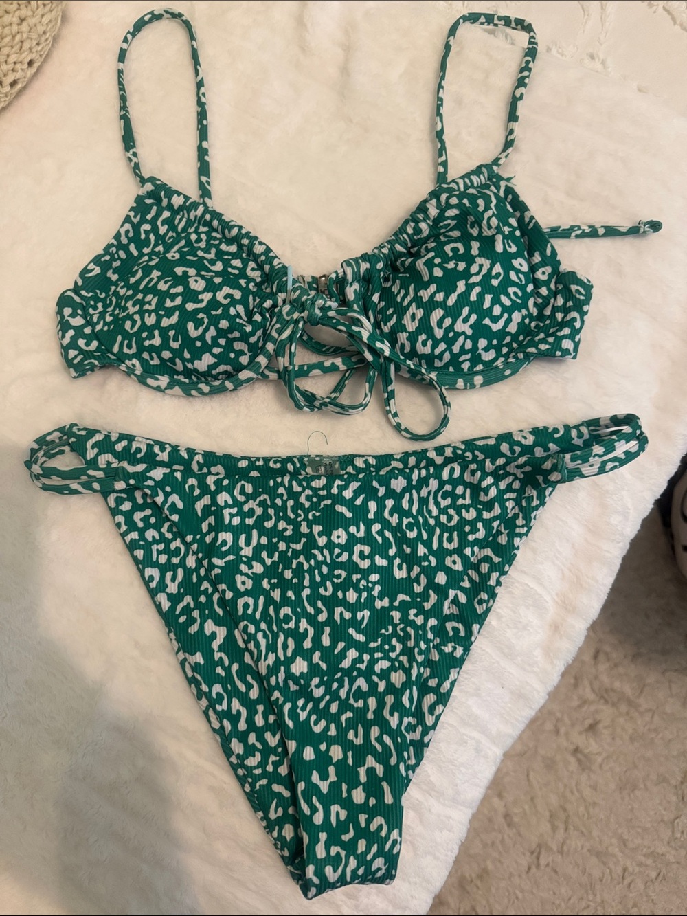 Green Animal-Print Tie-Front Bikini Set from SHEIN size Small